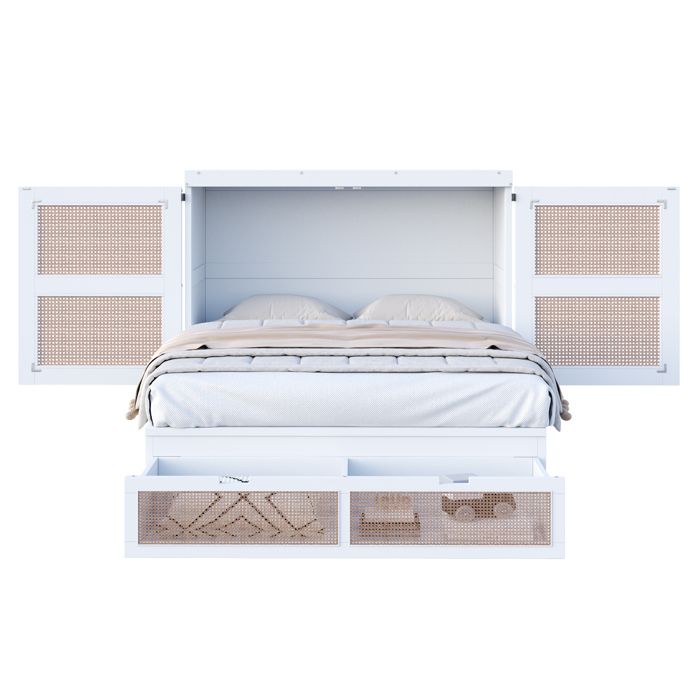 Lit armoire 140x200 cm lit simple vertical avec sommier tiroirs de rangement style rotin blanc