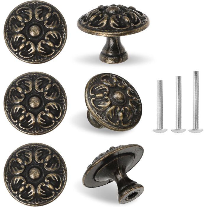 Lot De 6 Boutons De Meuble Rétro Antiques 30 Mm-Motif Fleurs De Château-Boutons En Bronze Vintage-En Laiton-Pour Armoire Commode