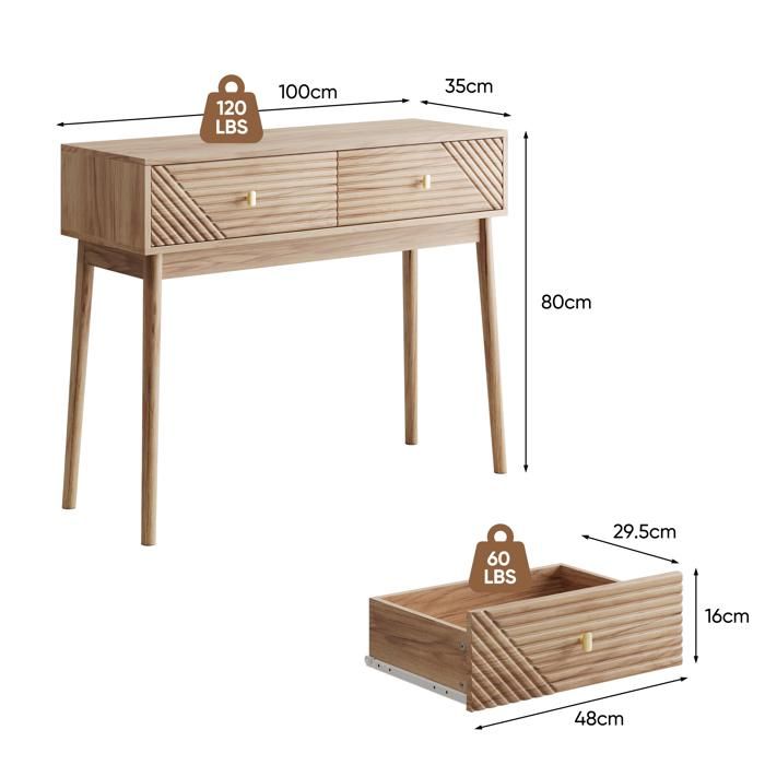 Table console moderne - Chêne - Style médiéval - Tiroirs spacieux - MDF haute qualité - Pieds en bois de pin