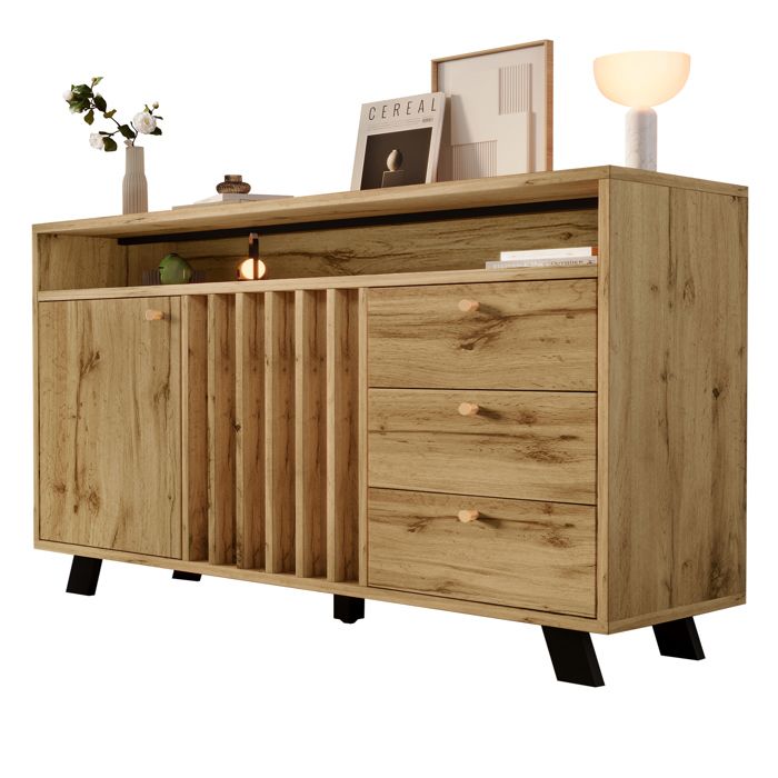 ULEVR buffet bas rectangulaire vintage 120 x 40 x 85 cm - 3 tiroirs et 2 portes niche ouverte chene fonce
