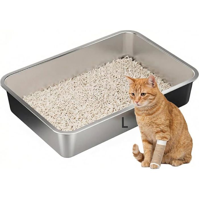 Bac à litière en Acier Inoxydable pour Chat avec Bords Hauts 60 x 40 x 10 cm Facile à Nettoyer Anti adhésif L