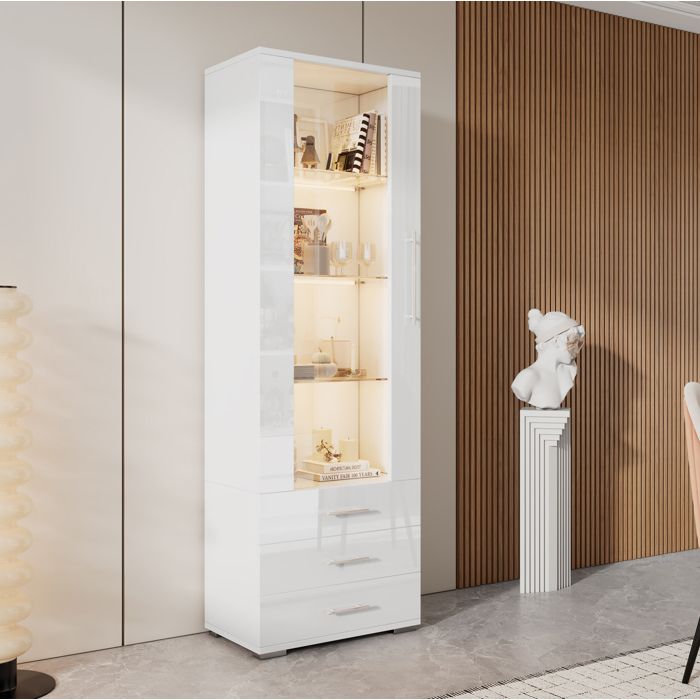 WOVREO Vitrine 60 x 35 x 180 cm avec LED contrôlé par application 1 porte acrylique 3 tiroirs blanc brillant