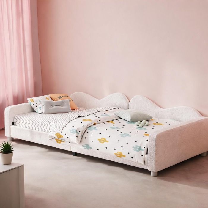 Sommier tapissier clean white 90x200 cm en tissu teddystoff convertible en canapé avec accoudoirs et dossier idéal chambre enfant
