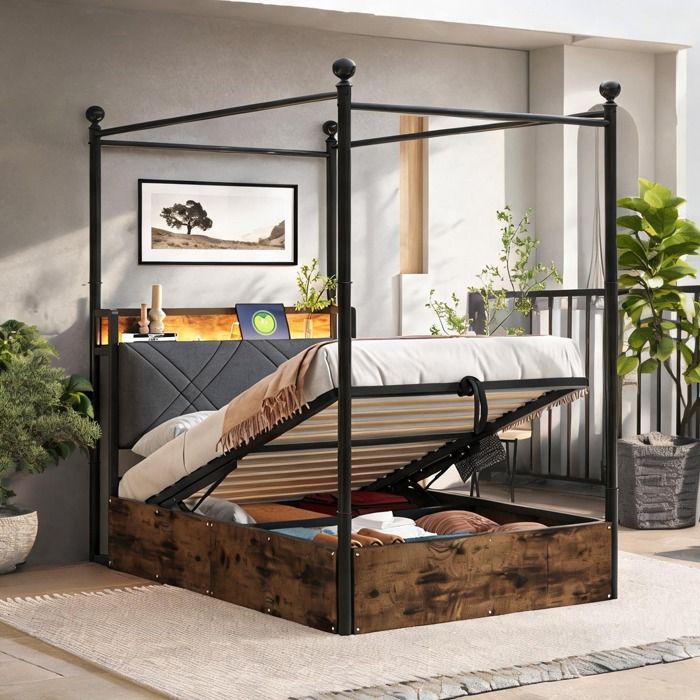 Lit enfant 90x190 cm en métal classique noir avec baldaquin amovible rangement hydraulique et LED intelligentes