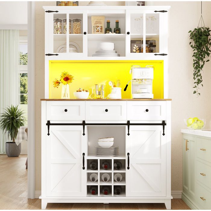 Buffet Haut Blanc En MDF Vitrine Campagne FloraGrace Pour Cuisine Ou Salon Avec LED Et Rangements Reglables 105x38 4x180cm