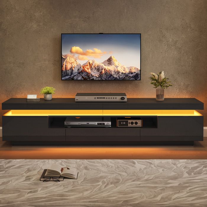 Meuble TV Noir Brillant 175cm Banc TV Moderne FloraGrace Pour Salon Et TV JusquA 75 Pouces Avec LED Et Rangement 175x38x45cm