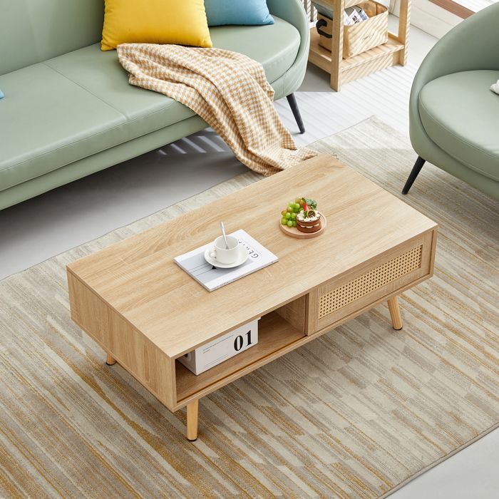VUENOR Table basse 105 x 55 x 41 5 cm bois naturel avec porte coulissante et rangement