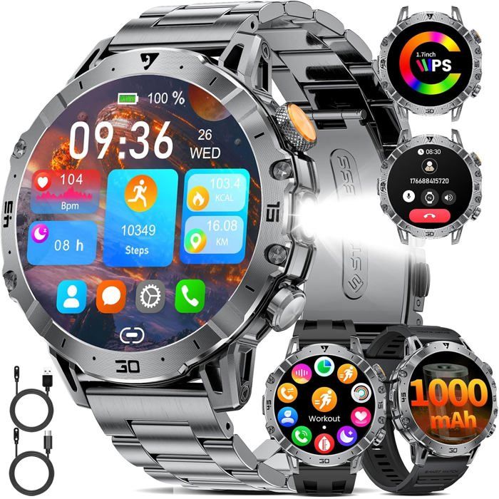 Montre Connectée Homme 1.7 Smartwatch Avec 1000Mah 3 Bracelets + 2 Chargeurs Appel Bluetooth Led Lampe 110+ Modes Sportifs