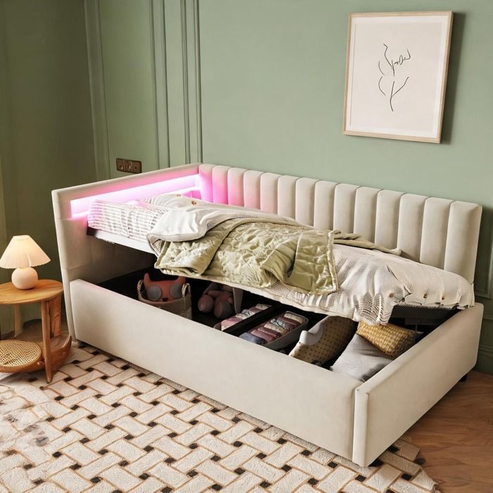 Méridienne 1 place 90x200 cm velours beige rayé sommier lattes coffre hydraulique et LED