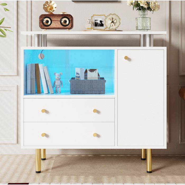 Buffet LED moderne AESVAR 80 x 35 x 80 cm avec 2 portes coulissantes en verre 2 tiroirs et 1 porte blanc