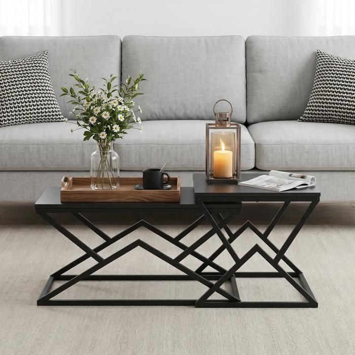 Table basse - WESTYLE - Style industriel - Noir - Plateau panneaux de particules - Piètement métal géométrique