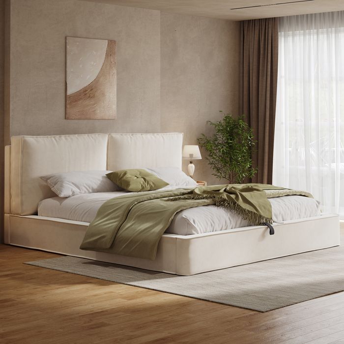Lit Coffre 180 x 200 cm en Velours Beige Lit Rembourré avec Sommier Relevable Hydraulique et Tête de Lit Haute