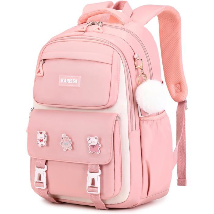 XJYDNCG Sac Scolaire Fille Grand FormatCartable Enfant PrimaireSac à Dos Mignon Multi‑poches pour École - Rose