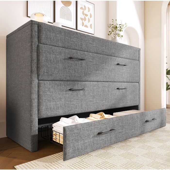 Lit escamotable 140 x 200 AESVAR gris effet lin avec tiroir ports USB et Type-C sans matelas