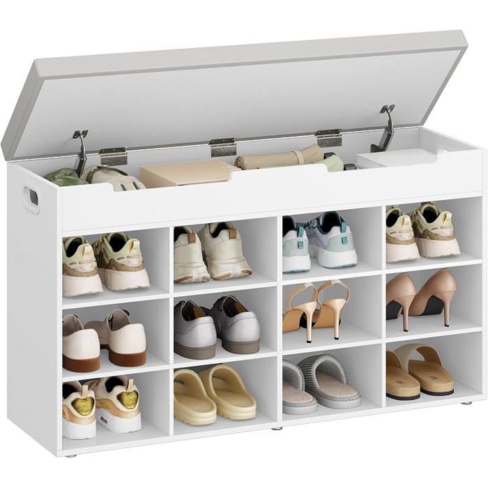 Banc à Chaussures avec Siège 12 Compartiments Blanc Banc avec Espace de Rangement Étagères Amovibles 30 x 100 x 55 cm