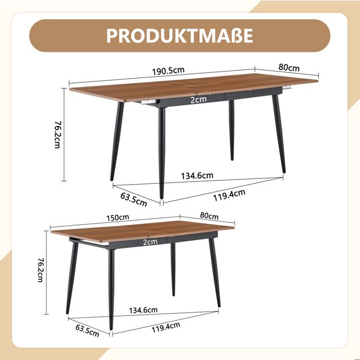MEULVA Table de salle à manger rectangulaire effet bois pieds métal style industriel 2 tailles