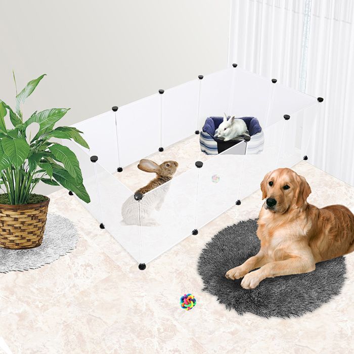 Parc intérieur 12 panneaux 45 x 35 cm pour petits animaux enclos modulable DIY en plastique PP et métal blanc lapin cobaye