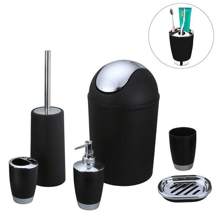 Accessoire de salle de bain 6 pièces  Lot promo discount distributeur lotion gobelets porte‑savon brosse WC poubelle.