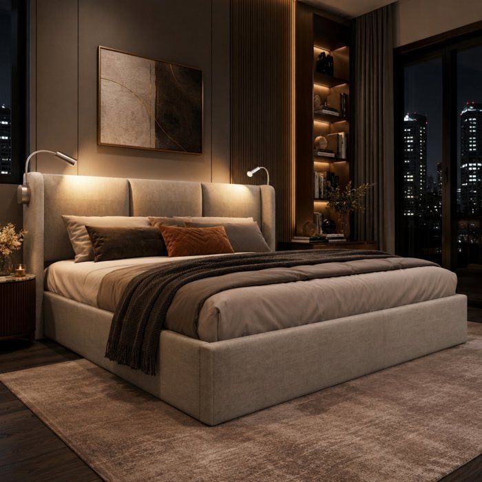 Lit coffre double 160x200 cm - LEWW - Cadre de Lit - Lampe de lecture et USB - Sommier à lattes Sans matelas - Tissu en lin - Beige