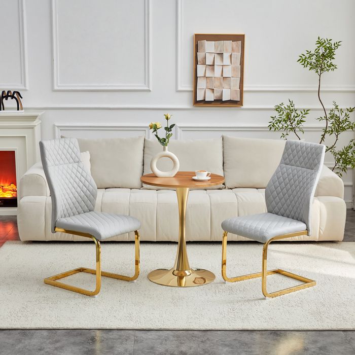 Ensemble table et chaises - ZEVKOR - Compact - Table ronde MDF effet bois - 2 chaises PU gris clair - Piétement métal doré