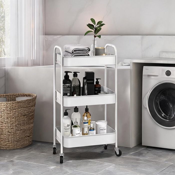 Desserte roulante en acier blanc 3 plateaux ajourés chariot de rangement mobile pour cuisine salle de bain ou chambre