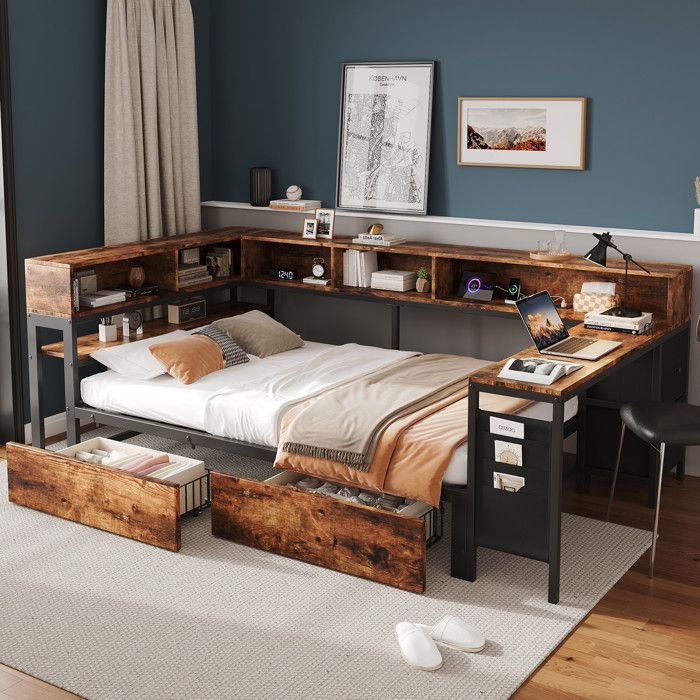 Lit 120x200cm - Lit Double 120x200 - Lit Métal avec Bureau 2 Tiroirs Étagères dAngle Prises USB Rangements Tissu - Marron