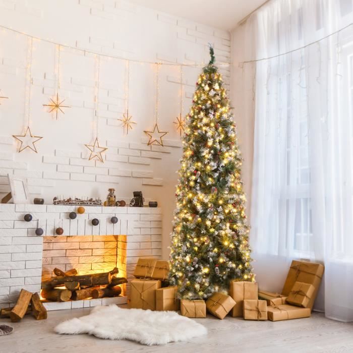 Sapin De Noël Artificiel Enneigé GYMAX 240 Cm - 460 LED Blanc Chaud, Branches Floquées, Base Stable