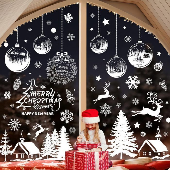 Stickers De Noël Réutilisables Pour Fenêtres - 229 Autocollants électrostatiques - Flocons, Sapins, Rennes - 9 Feuilles 20x30cm