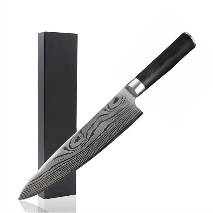 Couteau De Cuisine Professionnel Type Japonais En Acier De Damas Inoxydable Lame De 20 Cm Avec Un Manche En Bois De Couleur Noir Achat Vente Couteau De Cuisine Couteau De