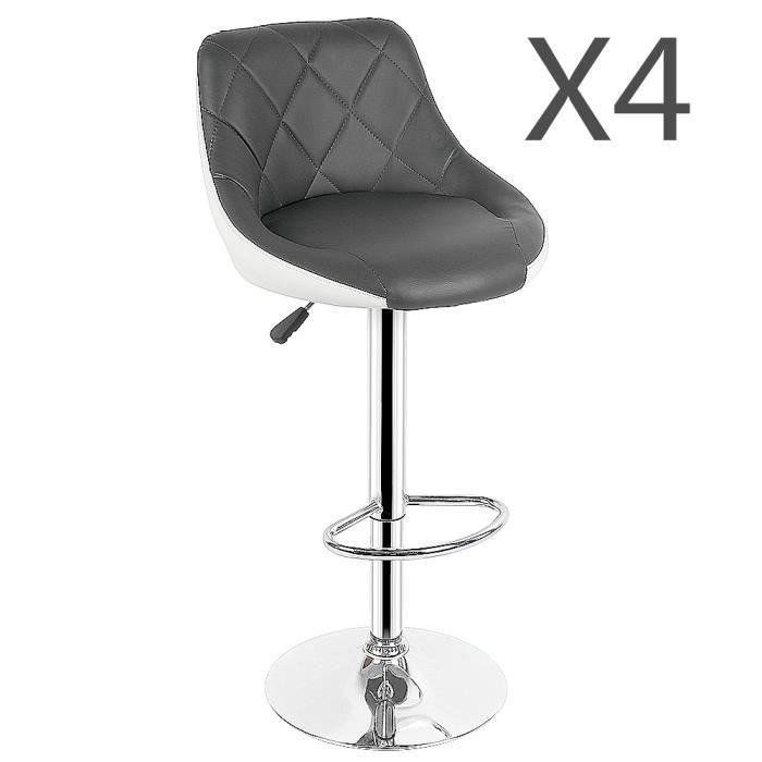 Lot de 4 tabourets de bar - Simili Blanc et gris - H 85/105 cm - En forme de cuillère - Royalbell