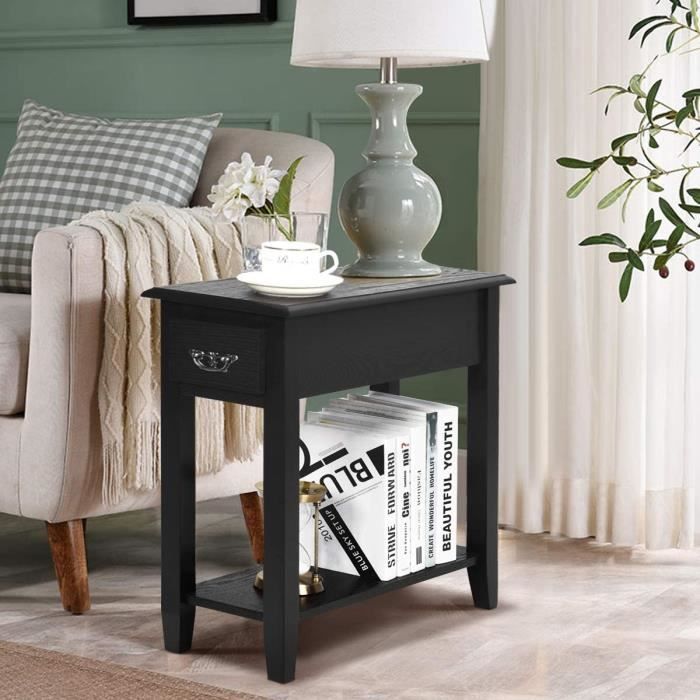 Table console étroite, table de chevet en bois, table basse avec étagère et tiroir, table de