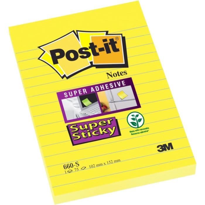 Notes Repositionnables Post-it 660-S Notes Repositionnables 102 x 152 mm 75 Feuilles Jaune ...