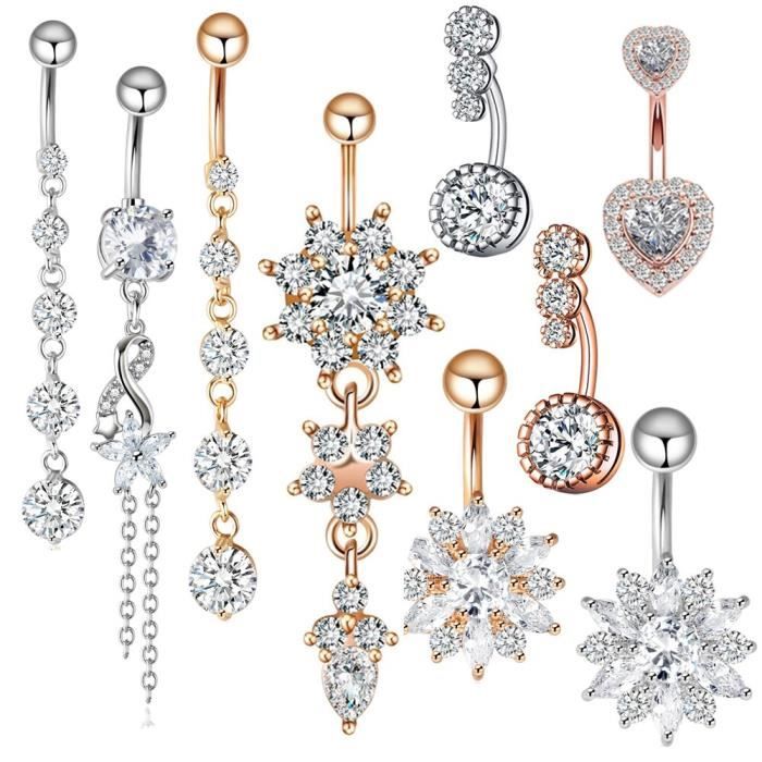 12 Pièces Bagues De Nombril Anneaux Piercing Acier Inoxydable CZ - 12 Styles Différents