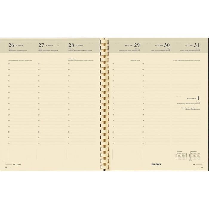 Agenda Semainier 2026 Brepols - Janvier à Décembre, 1 Semaine/2 Pages, 17x22 Cm - Noir Ou Marine, Multilingue - 2