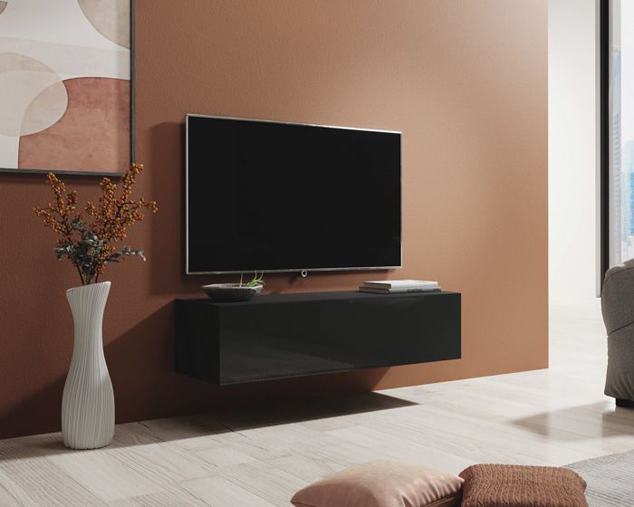 Meuble TV - BERIT - 120 x 30 x 40cm - 2 compartiments - Noir Finition brillante