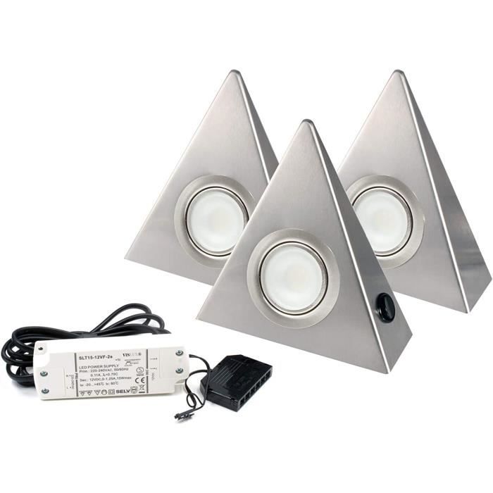 éclairage sous meuble cuisine triangulaire encastrés en saillie 470 lumens  3 x 2.8 Watt Blanc 3 lumières LED avec interrupteur Blanc 3000k Starlicht