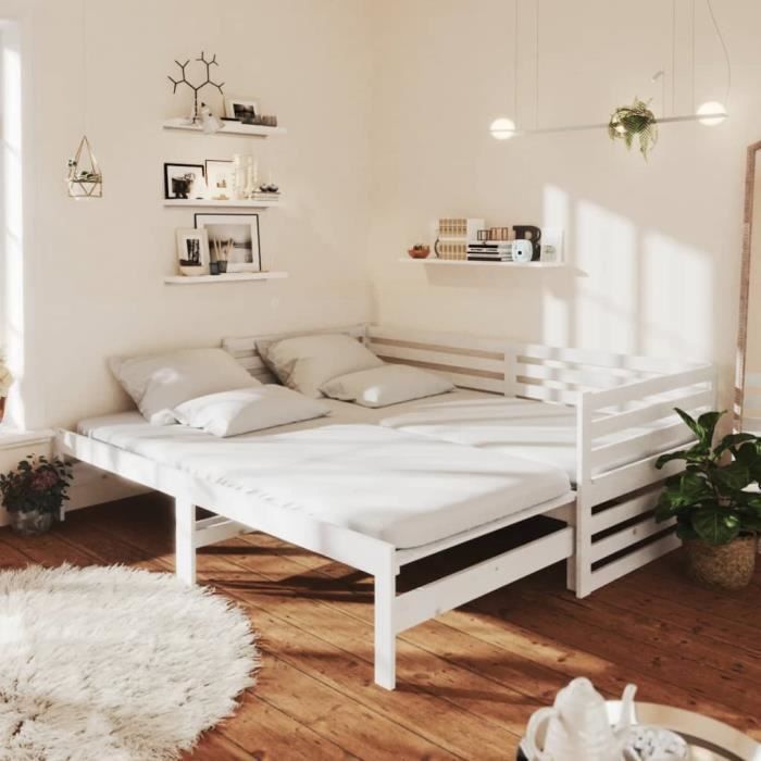 Lit coulissant en bois de pin massif - CUQUE - 90x200 cm - Blanc - Contemporain - A monter soi-même