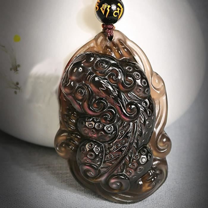 Pendentif Pixiu (Pi Yao) Feng Shui En Obsidienne Et Or - Collier Cordon - Bijou Porte-bonheur
