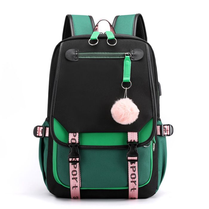 Sac à Dos Scolaire en Nylon Imperméable Cartable Primaire Sacs décole Collége Garcon/Fille USB Port de Charge et Casque - Vert