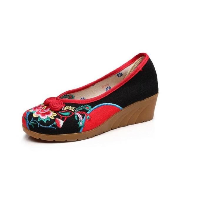 Chinois Toile Style Vintage Talon Compense Danse Chaussures Mocassins Femmes 3gwjbi Taille 34 Noir Cdiscount