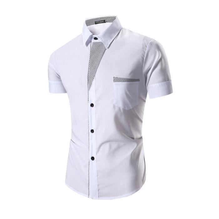 Chemise Homme Infroissable Boutonnée Manches Courtes Été Décontractée Imprimé Patchwork Blanche Sans Repassage