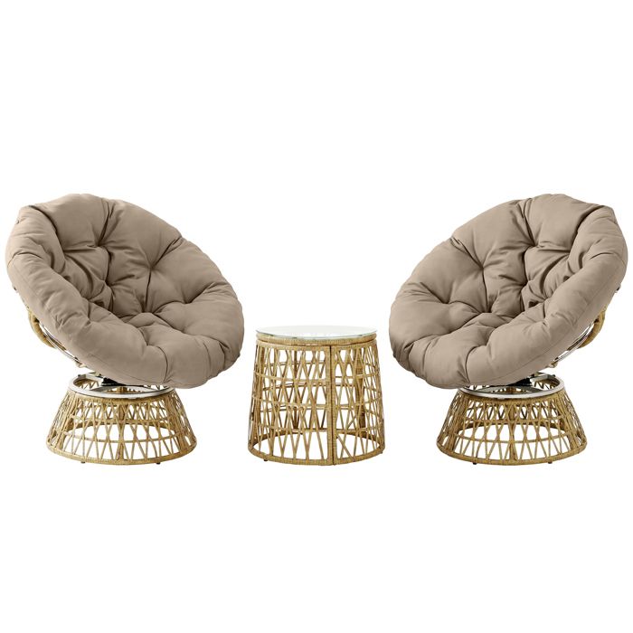 Ensemble salon de jardin - Outsunny - 3 pièces 2 fauteuils papasan pivotant 1 table ronde coussins - résine tressée - marron