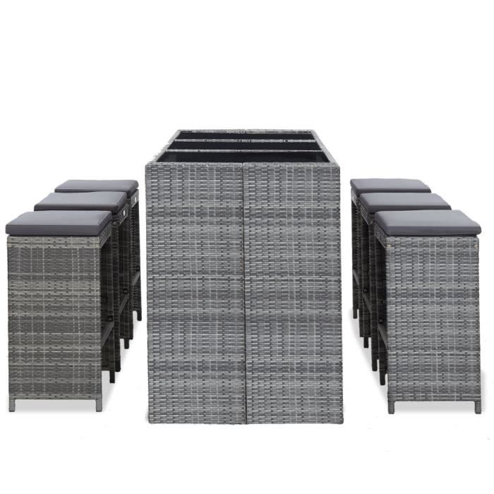 VidaXL Ensemble Bar Jardin 8 Pièces Gris - Table Et Tabourets En Résine Tressée Avec Coussins - Pour Terrasse, Extérieur