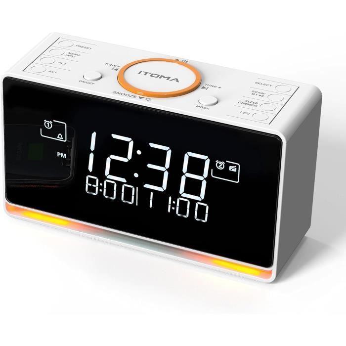 Radio-réveil Ices ICR-230 – FM, Grand écran LED Rouge, 2 Alarmes, Fonction Snooze | Compact, Noir, Pour Table De Chevet