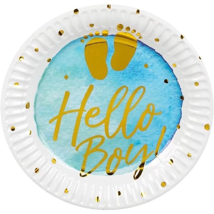 Boland Pappteller „Hello Boy“ – 6 Stück, 18 Cm Ø, In Blau/Weiß/Gold, Für Baby-Party & Geburt