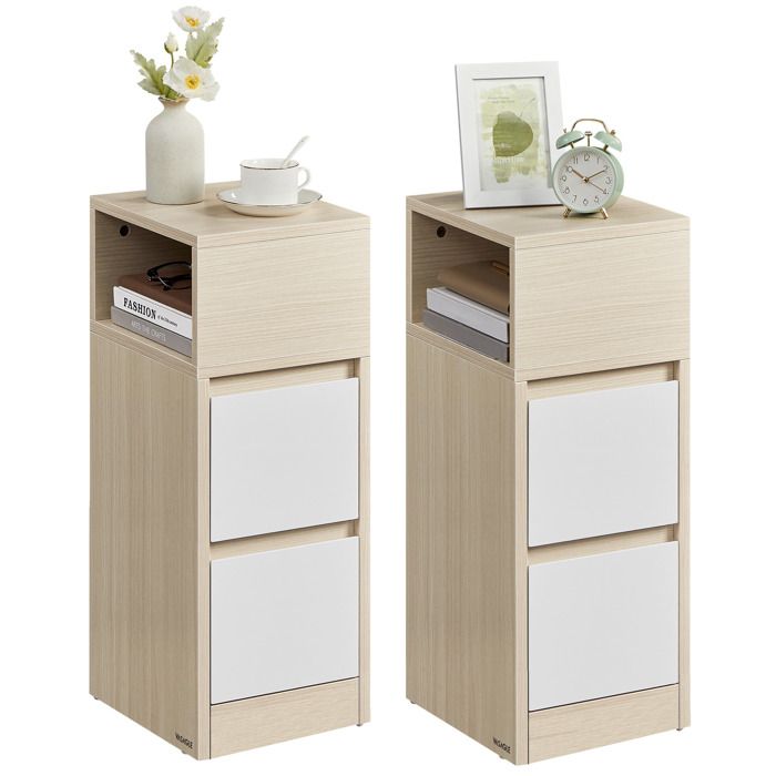 VASAGLE Table de Chevet Étroite Lot de 2 2 Tiroirs et Compartiment Ouvert Montage à Gauche ou à Droite Beige et Blanc