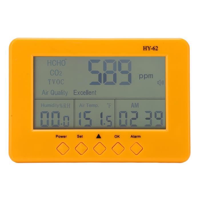 Détecteur Qualité Air Intérieur CO2 TVOC HCHO PM2.5 PM10 - Moniteur Multifonction Avec Alarme, Écran LCD Rétroéclairé, Recharge USB