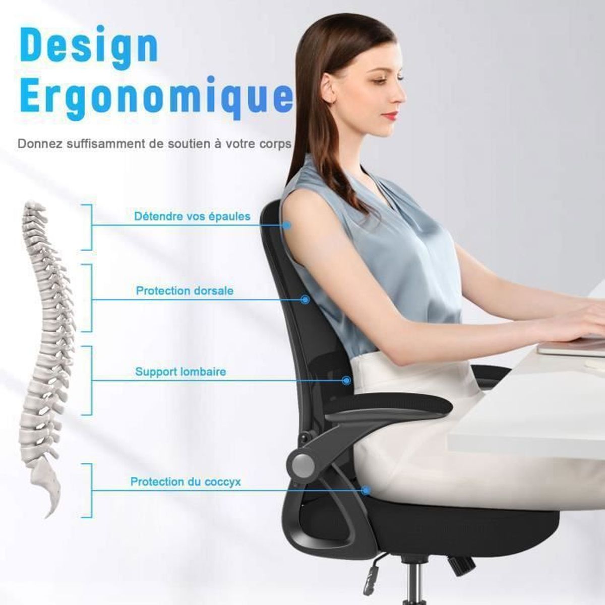 BIGZZIA Chaise de Bureau Ergonomique Siège Fauteuil avec 2D Accoudoirs, Hauteur Appuitête
