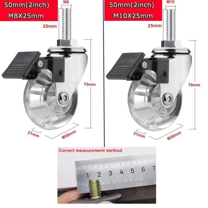 4 Pièces Roulette Chaise Bureau, Vis M8 X 20mm Roulettes Charge Lourde Silence Roulettes Pivotantes Avec 2 Frein, 40mm Roulette Meuble 360 Degrés Pour Appareils Et Meubles
