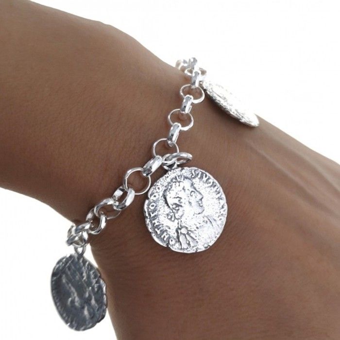 Bracelet Gourmette Ancien En Argent Massif 925 - Chaine Maille Avec Pièces Monnaie - Occasion